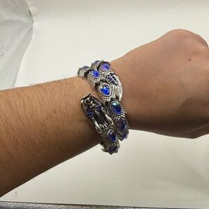 Silver Tone Blue Jeweled Dragon Scale Bangle Bracelet Wrap Style Rhinestone